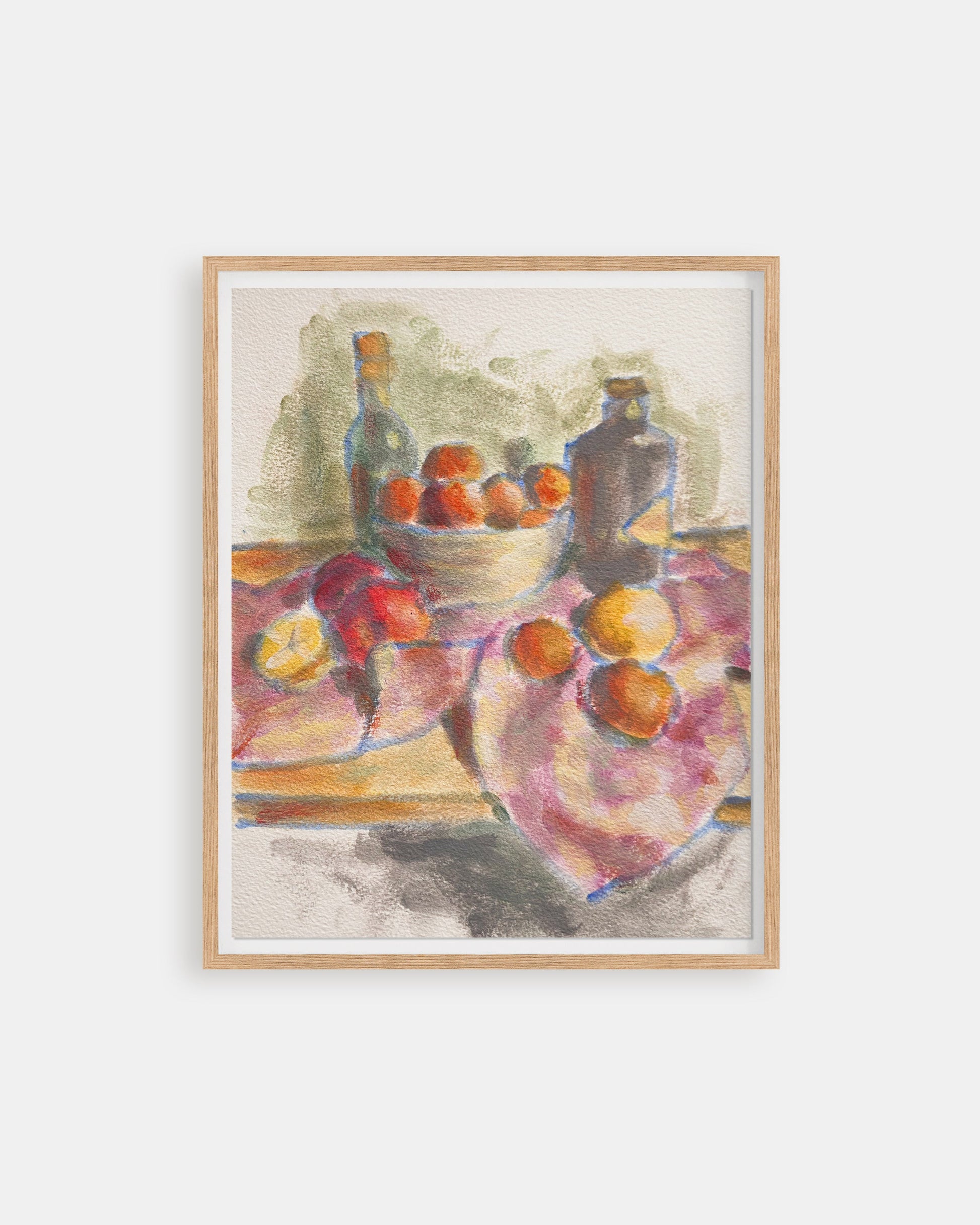 Framed artwork of a still life with fruits and a pitcher on a table.