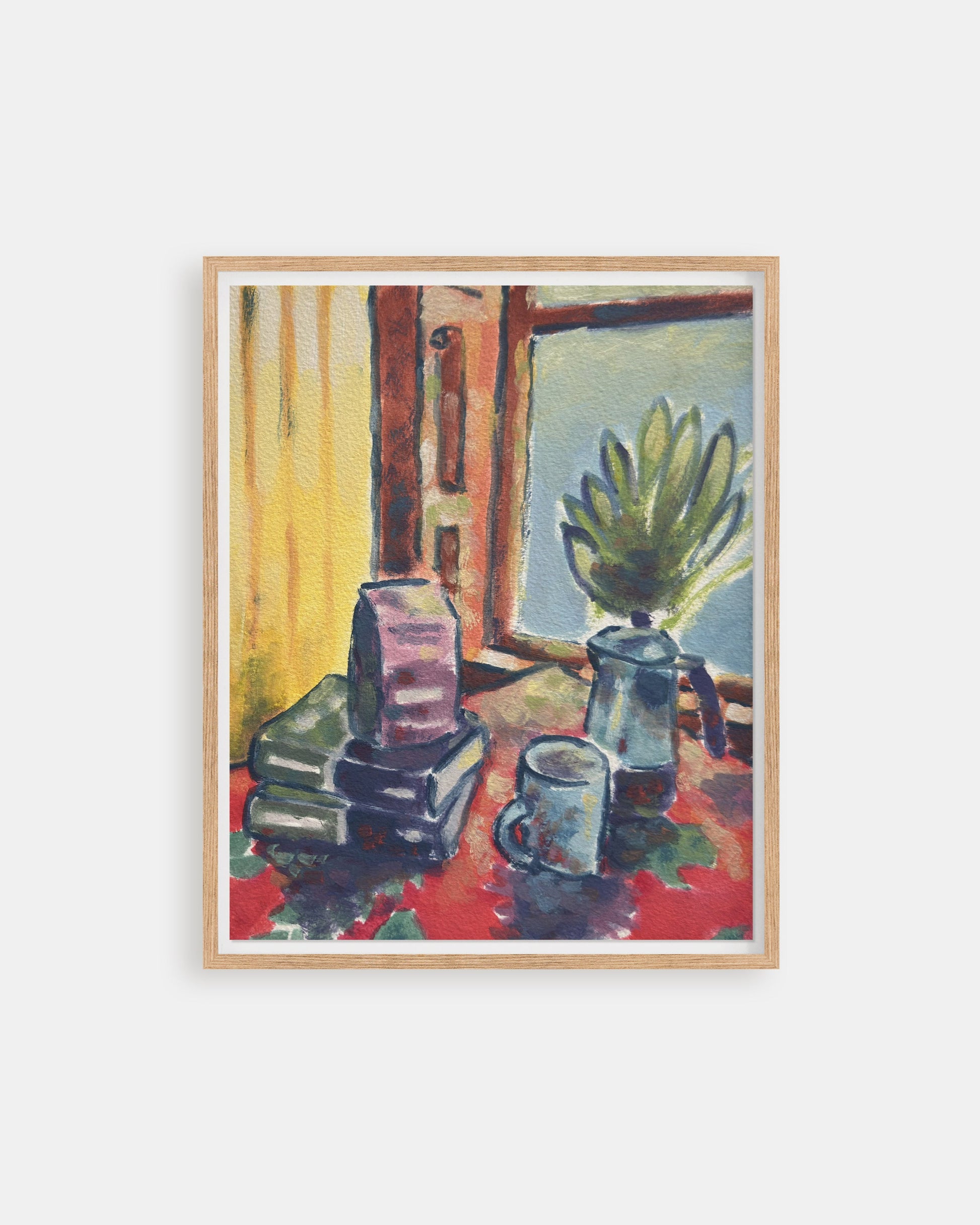 Framed painting of a still life scene with vases and books on a table.