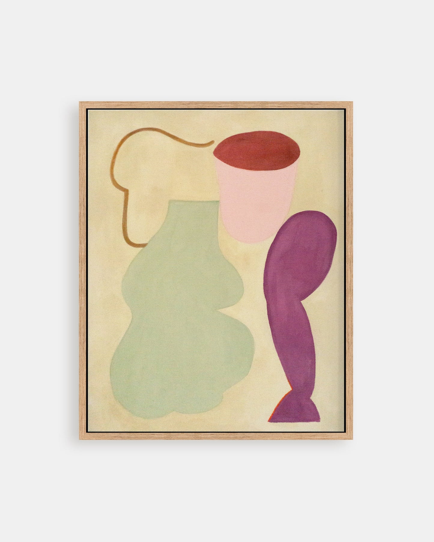 Framed abstract artwork with colorful shapes.
