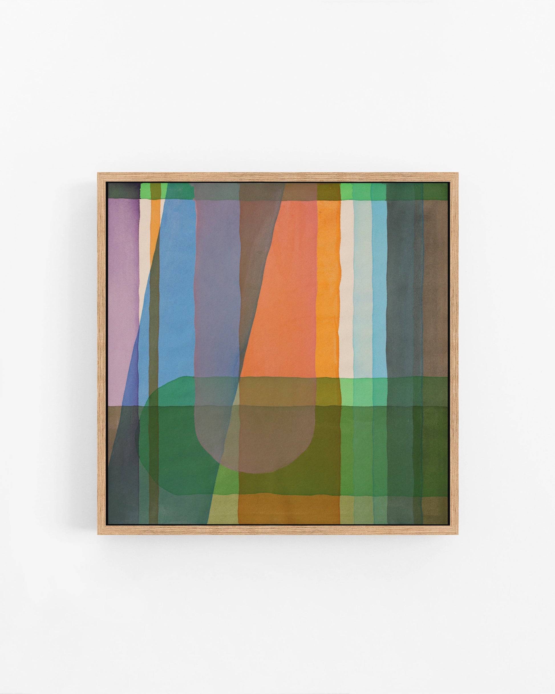 Framed abstract art with colorful geometric design on a white background