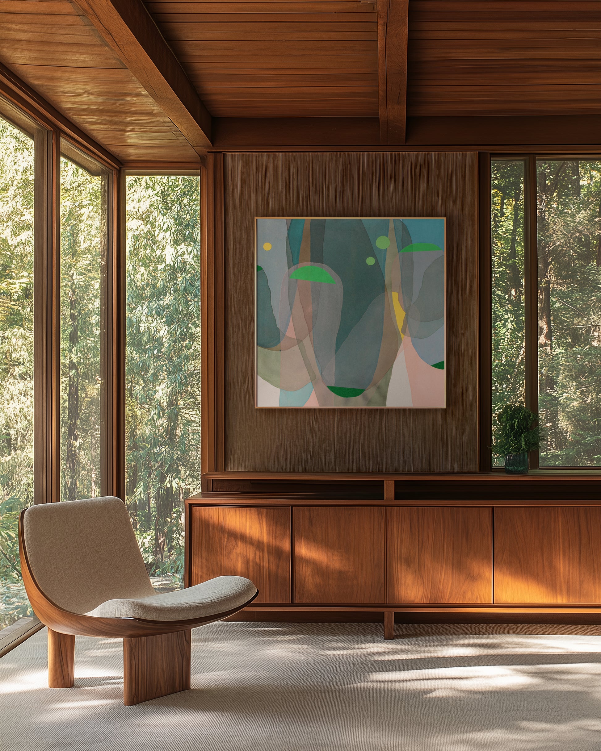 Midcentury modern interior with colorful, large abstract painting.