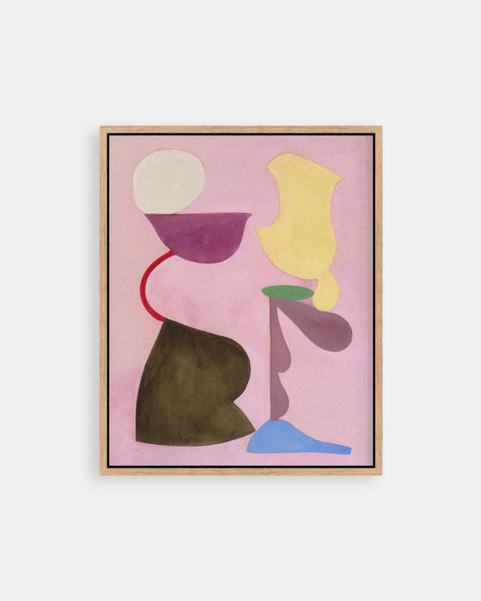 Framed abstract art with colorful shapes on a pink background