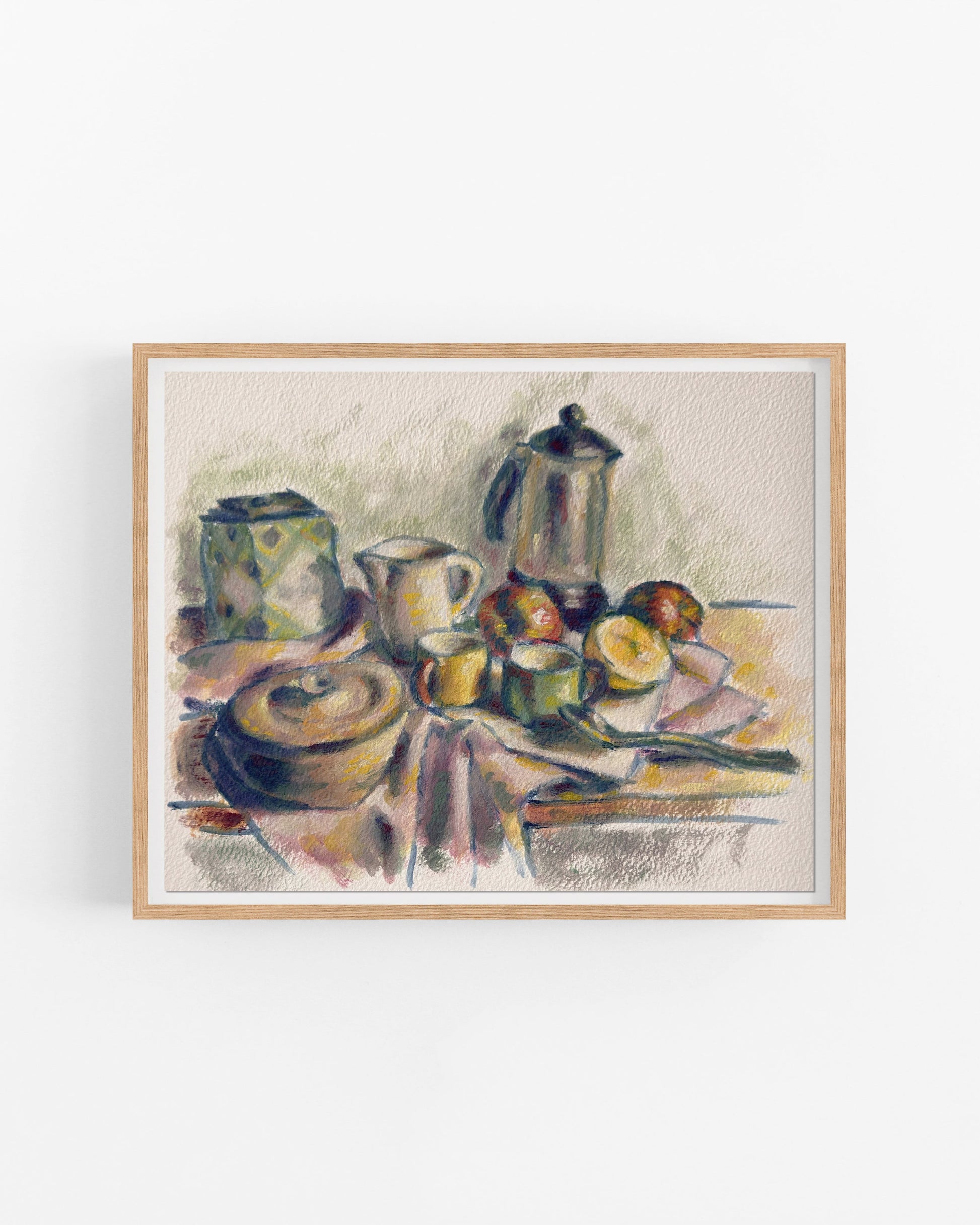 Framed artwork of a still life scene with fruits and a teapot on a table.