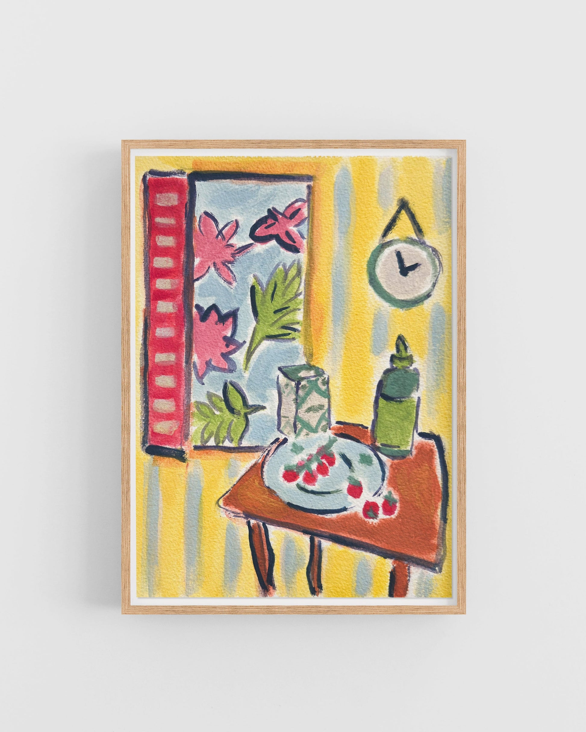 Framed artwork with a colorful still life scene on a white background