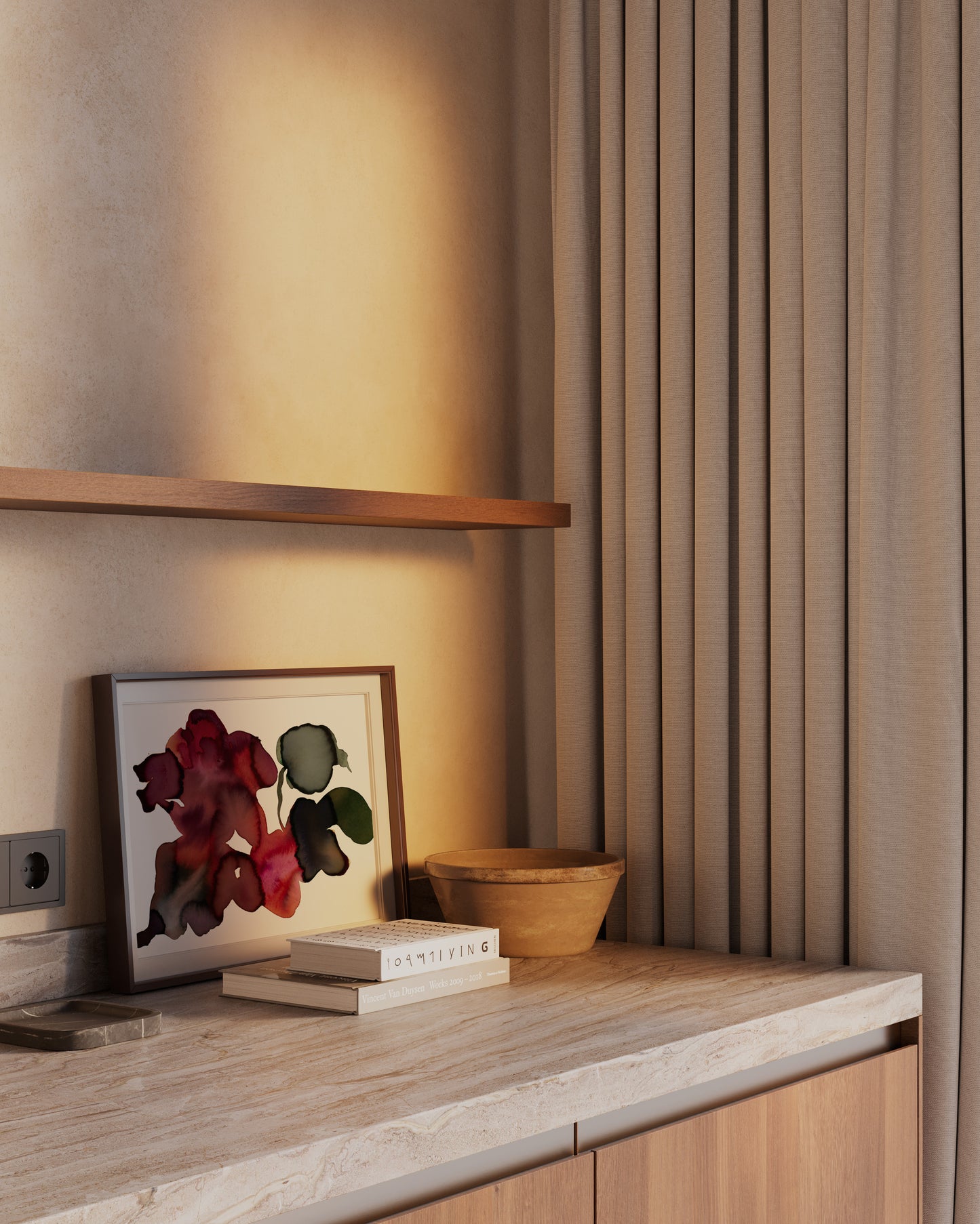 Abstract floral artwork leaning against a neutral wall.