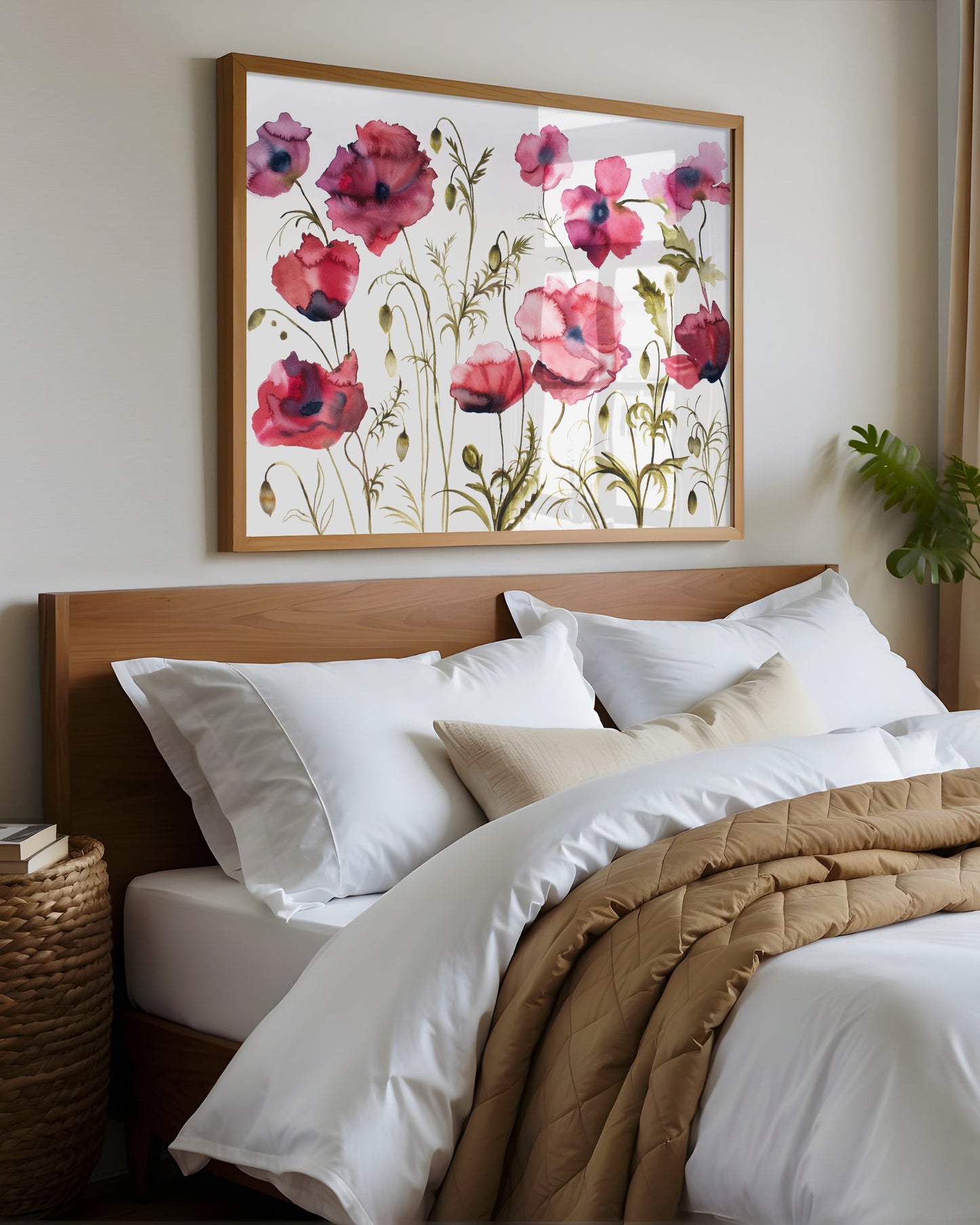 Bedroom with floral painting above the bed