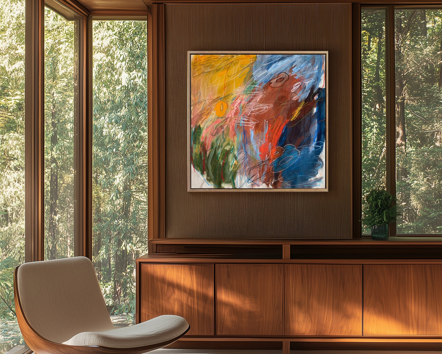 Modern living room with a colorful abstract painting and wooden furniture.