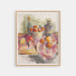Framed artwork of a still life with fruits and a pitcher on a table.