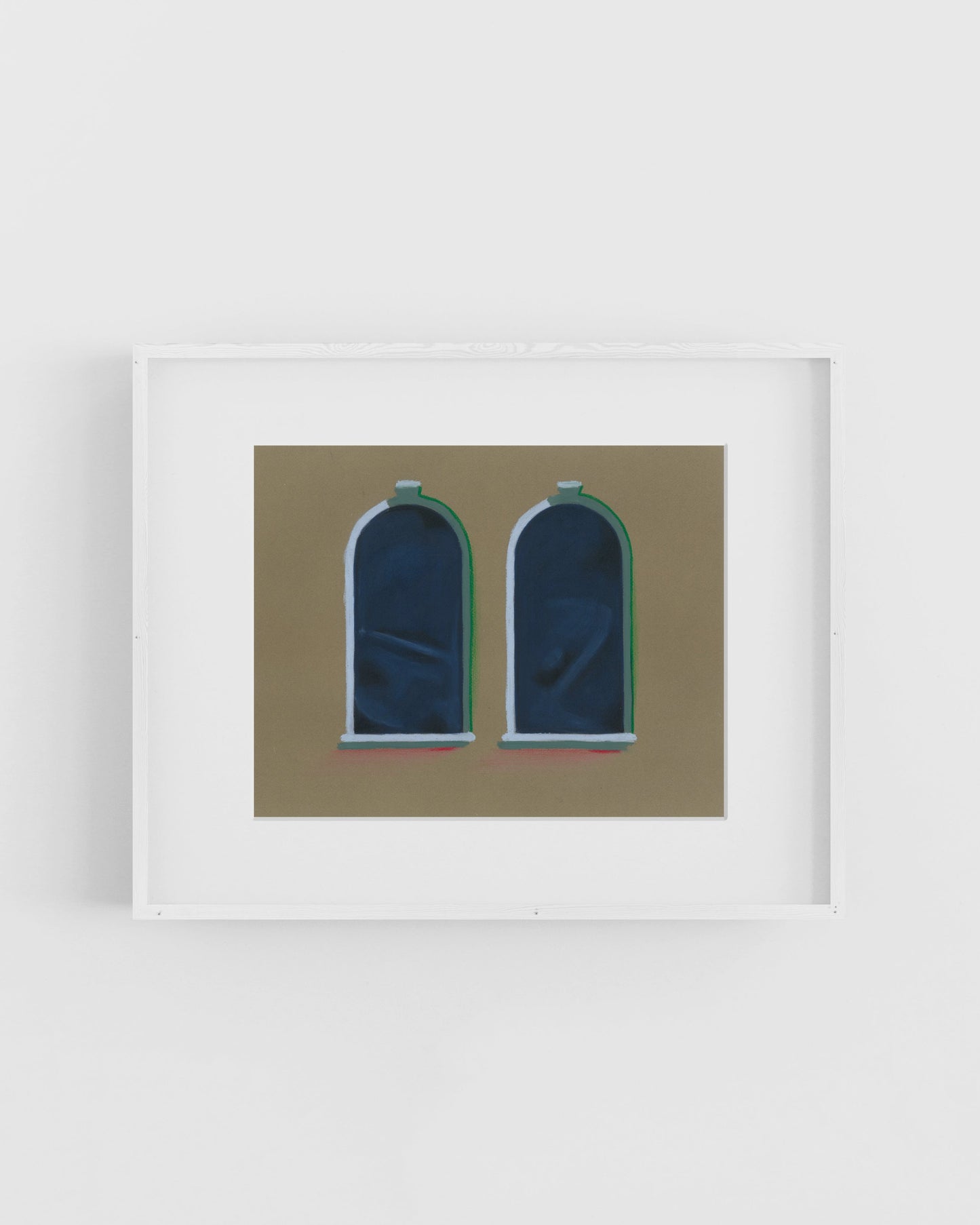 Framed artwork of two arched windows on a beige background