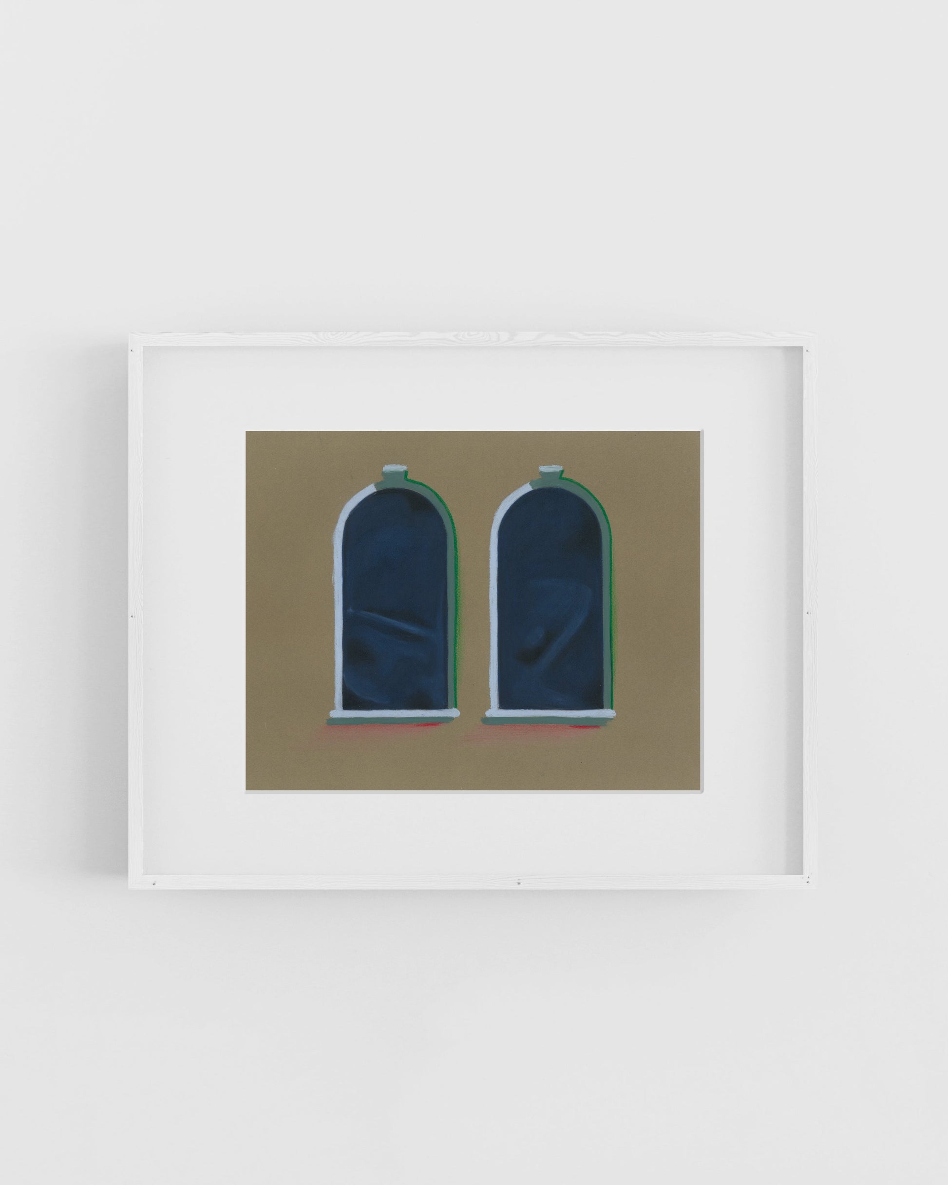 Framed artwork of two arched windows on a beige background