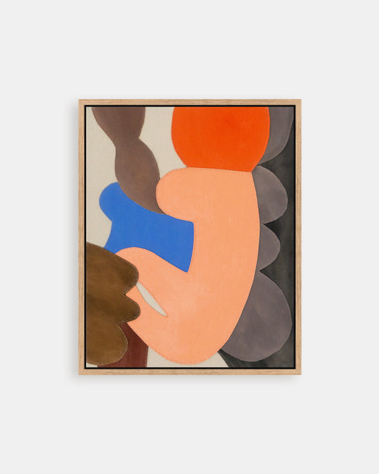 Framed abstract art piece with colorful shapes on a white background