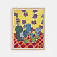 Framed artwork of a still life scene with bottles and fruit on a checkered tablecloth against a yellow background.