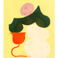 Abstract art piece with colorful shapes on a yellow background
