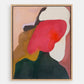 Abstract art piece with a red and black figure on a beige background