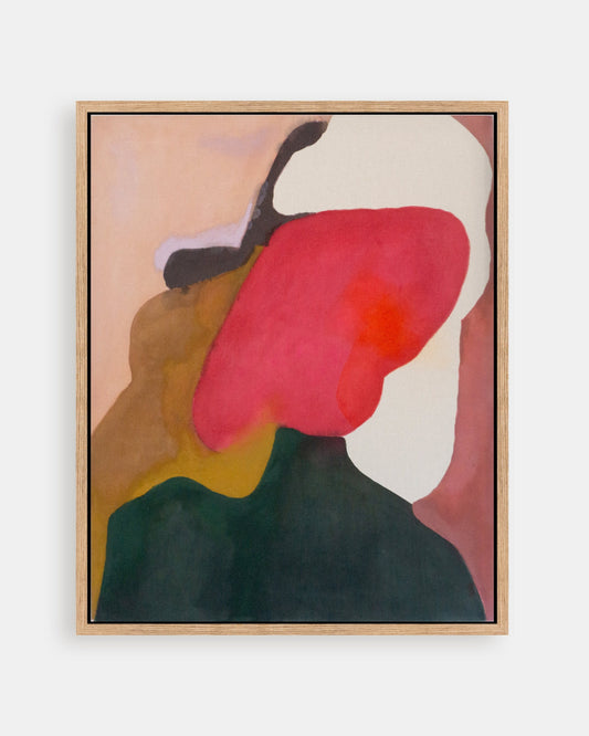 Abstract art piece with a red and black figure on a beige background