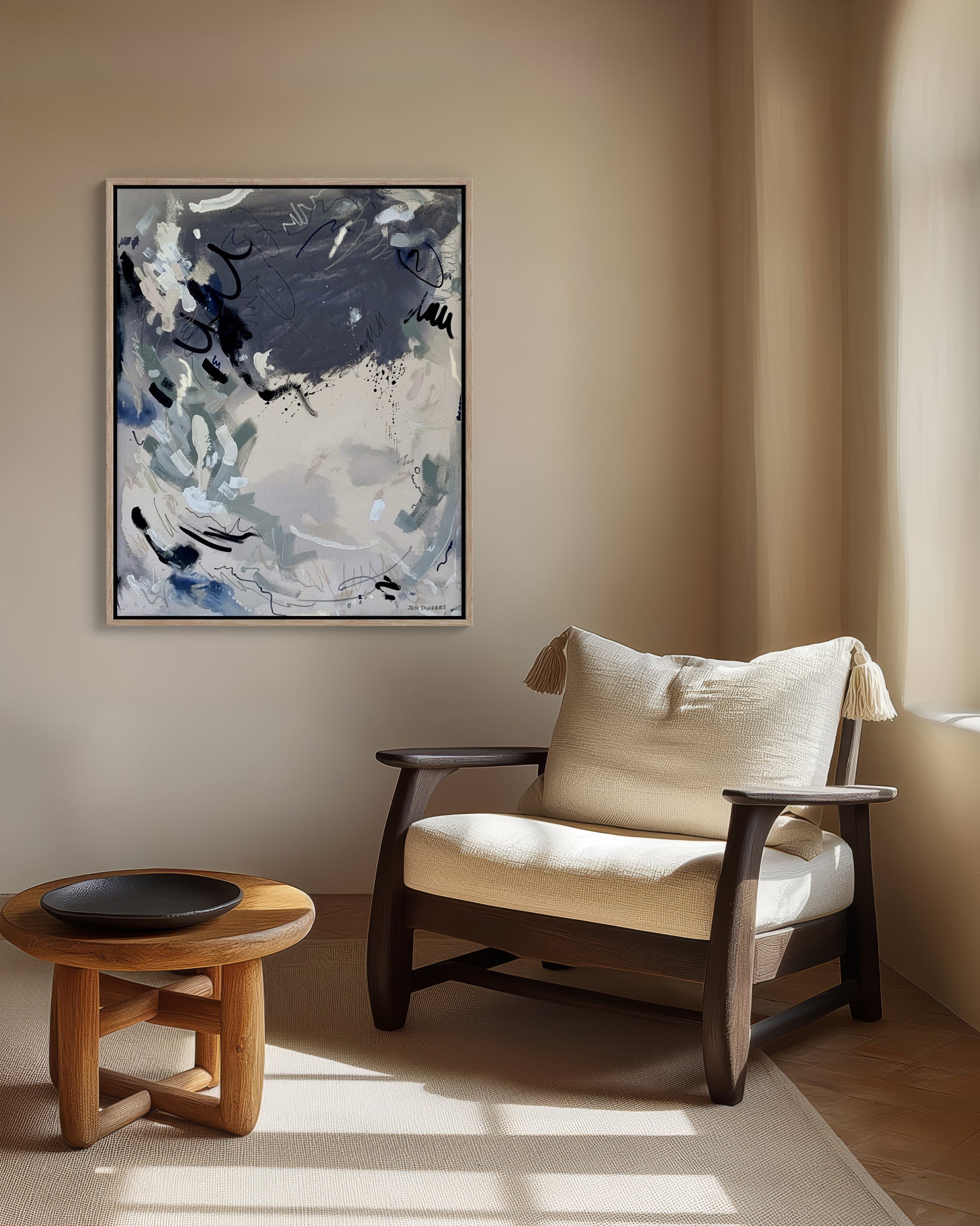 Modern interior with a wooden chair, small table, and abstract painting on a beige wall.