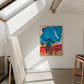 Colorful abstract painting on the wall of an artist's studio with a sunlight.