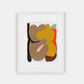 Framed abstract art with colorful shapes on a white background