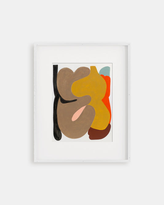 Framed abstract art with colorful shapes on a white background