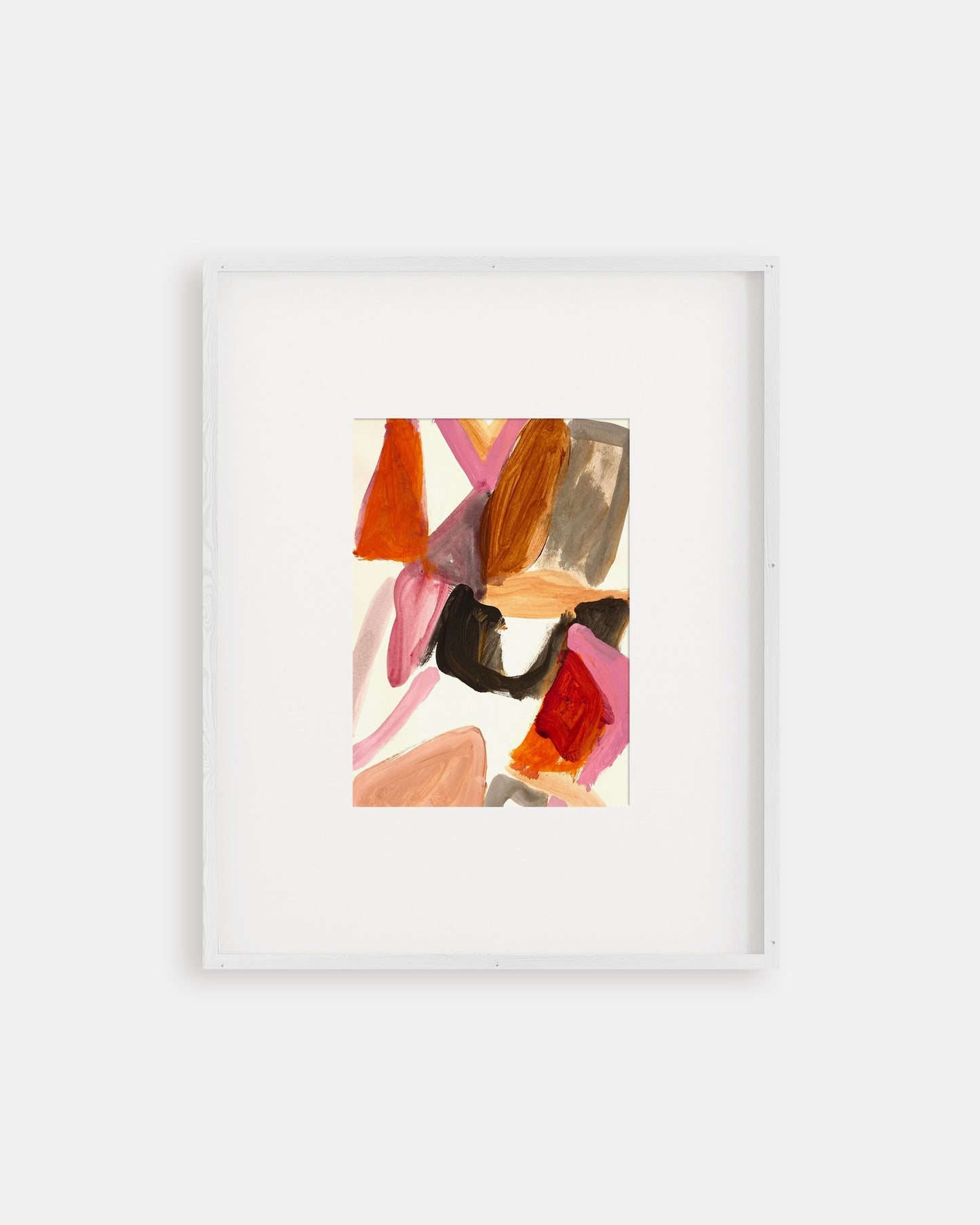 Framed abstract art with colorful geometric shapes on a white background