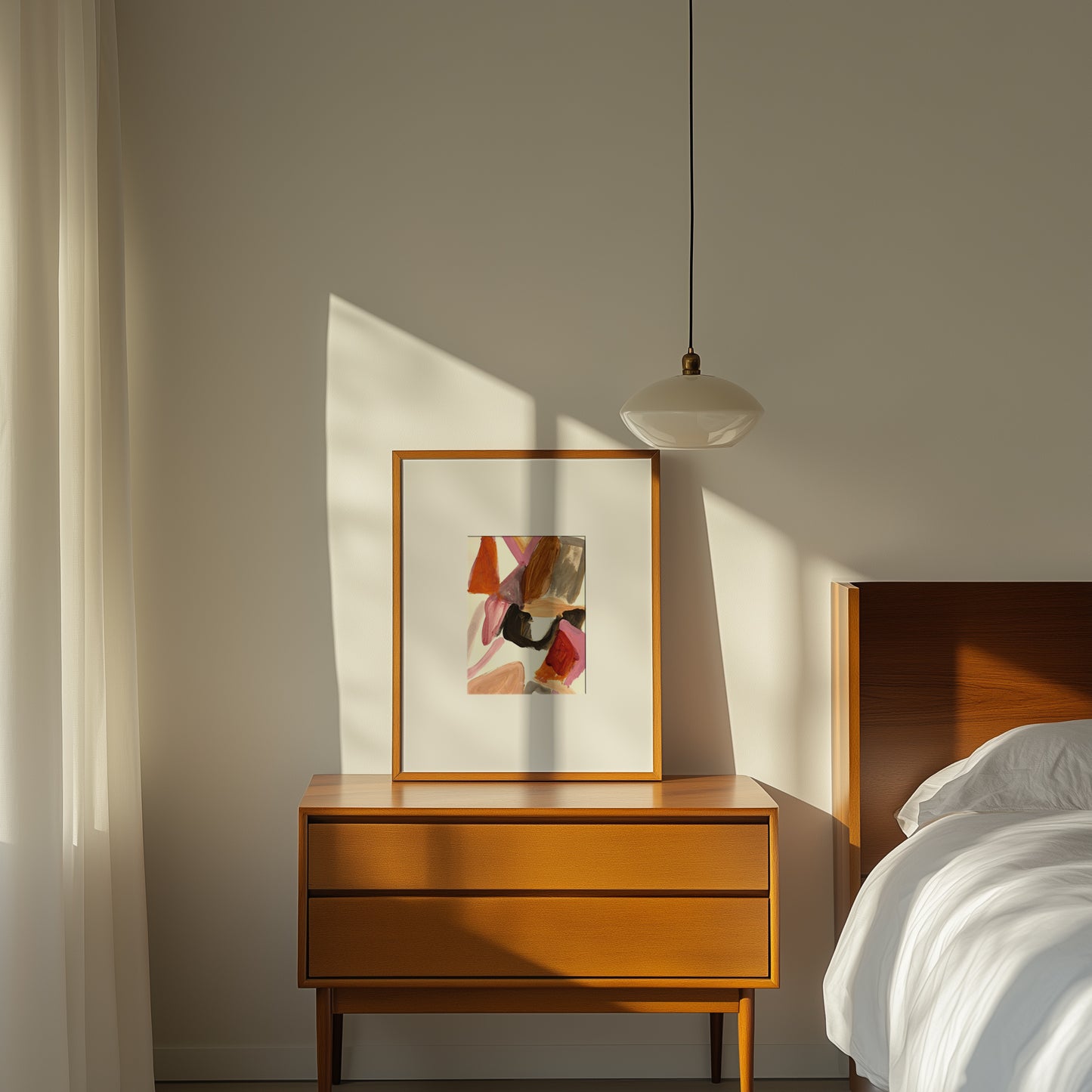 Framed abstract art on bedside table