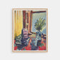 Framed painting of a still life scene with vases and books on a table.