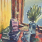 Painting of a still life with books, a mug, and a plant on a table.