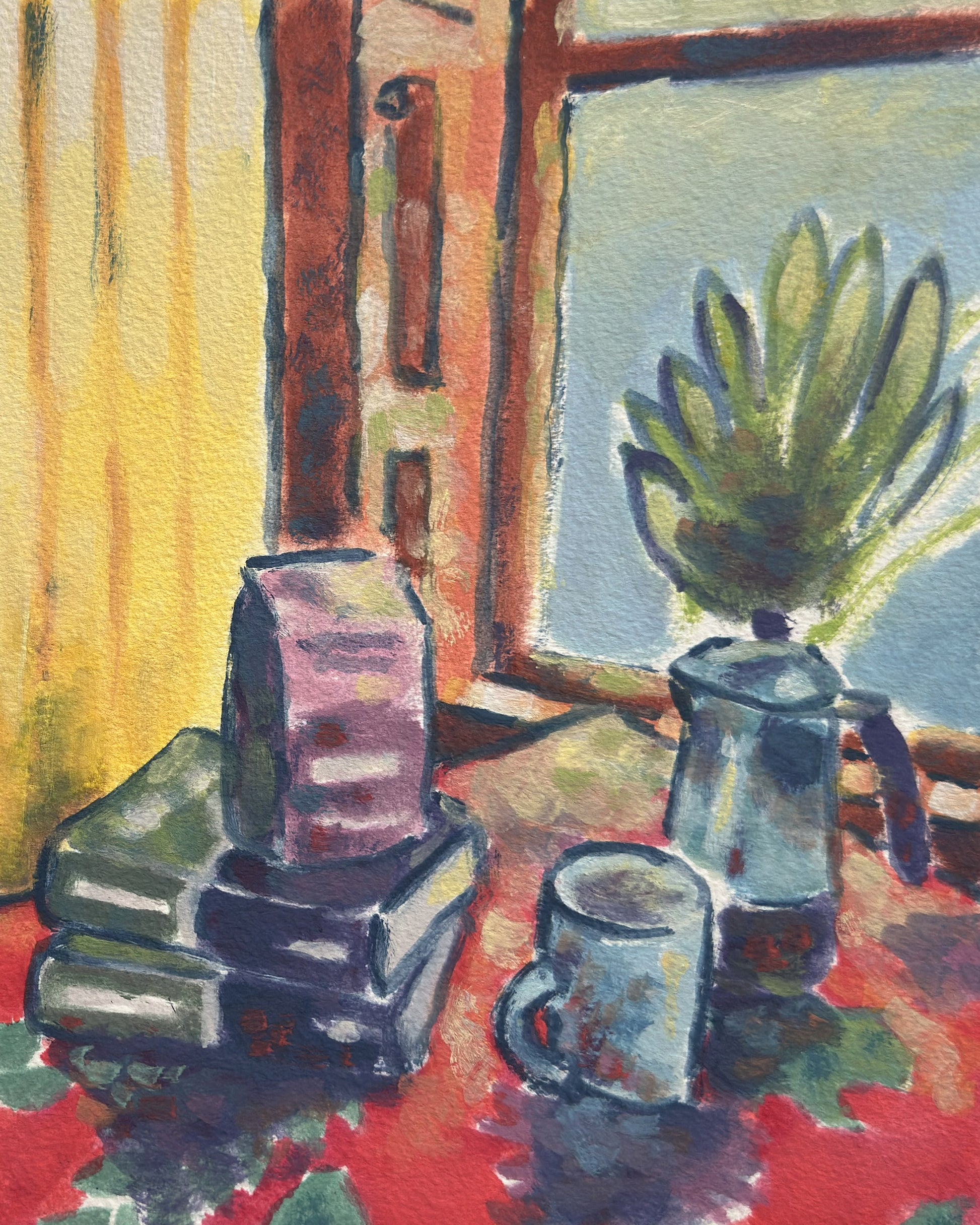 Painting of a still life with books, a mug, and a plant on a table.