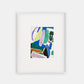 Framed abstract artwork with colorful design on a white background