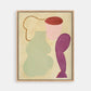 Framed abstract artwork with colorful shapes.