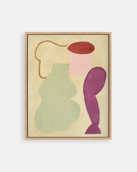 Framed abstract artwork with colorful shapes.