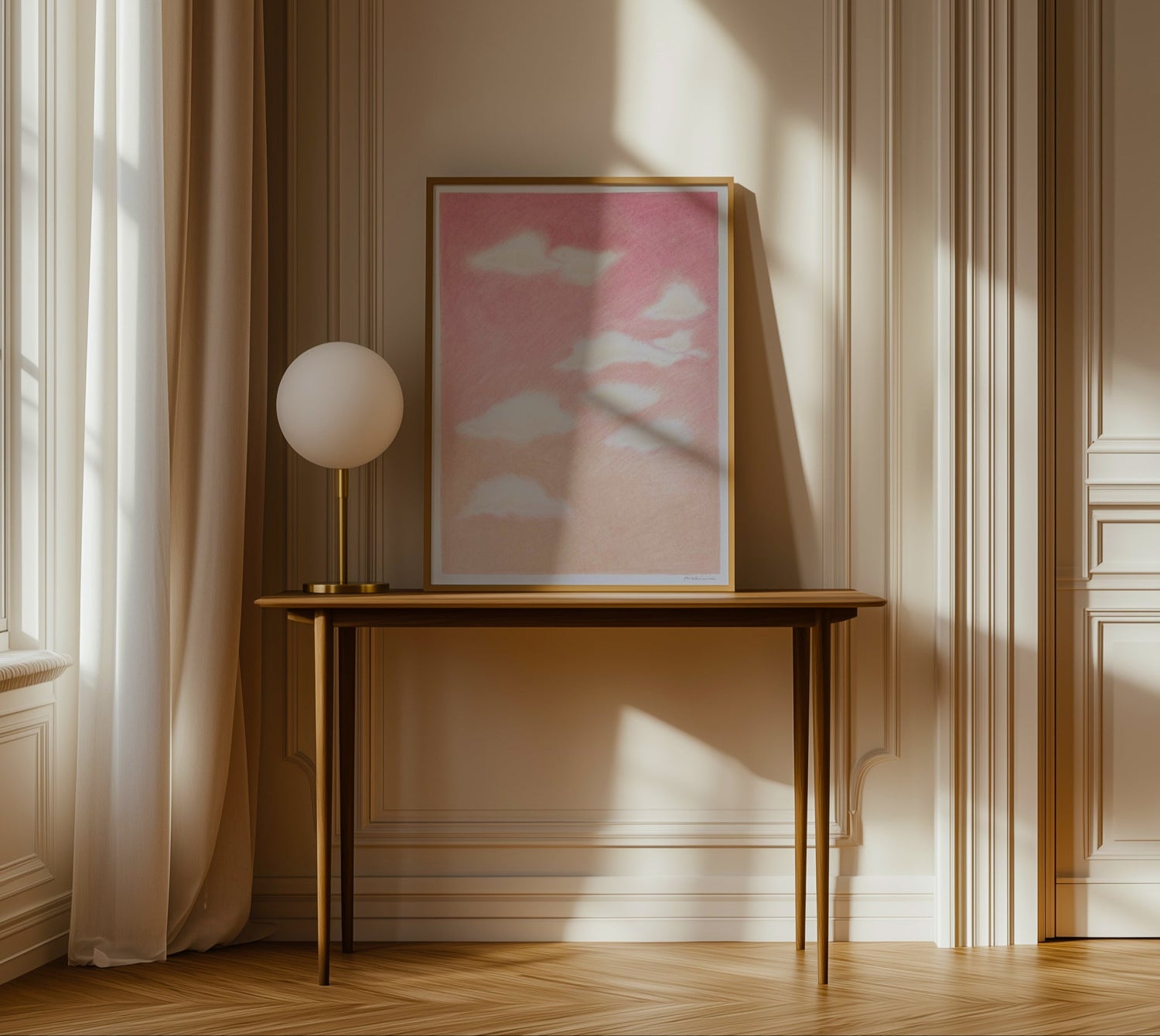 Stylish interior with contemporary framed artwork leaning against a wall.