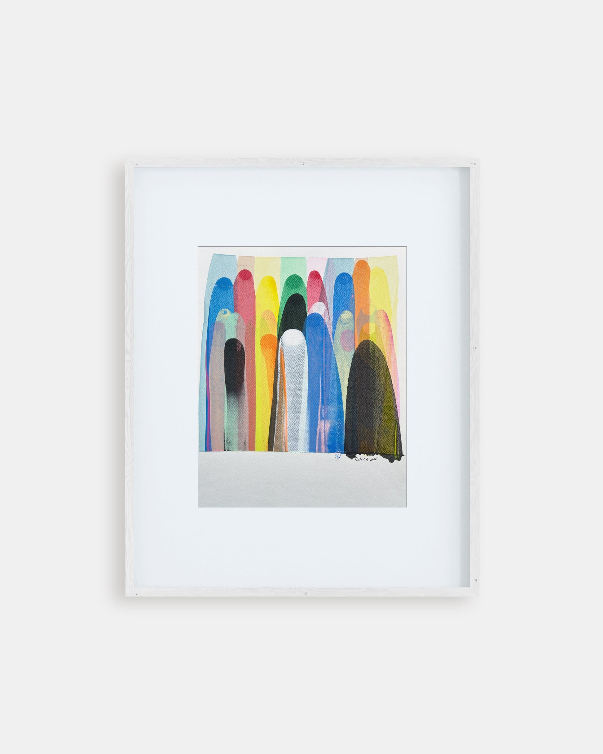 Framed colorful abstract artwork on a white wall