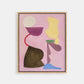 Framed abstract art with colorful shapes on a pink background