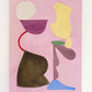 Abstract art painting with geometric shapes on a pink background