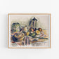 Framed artwork of a still life scene with fruits and a teapot on a table.