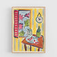 Framed artwork with a colorful still life scene on a white background