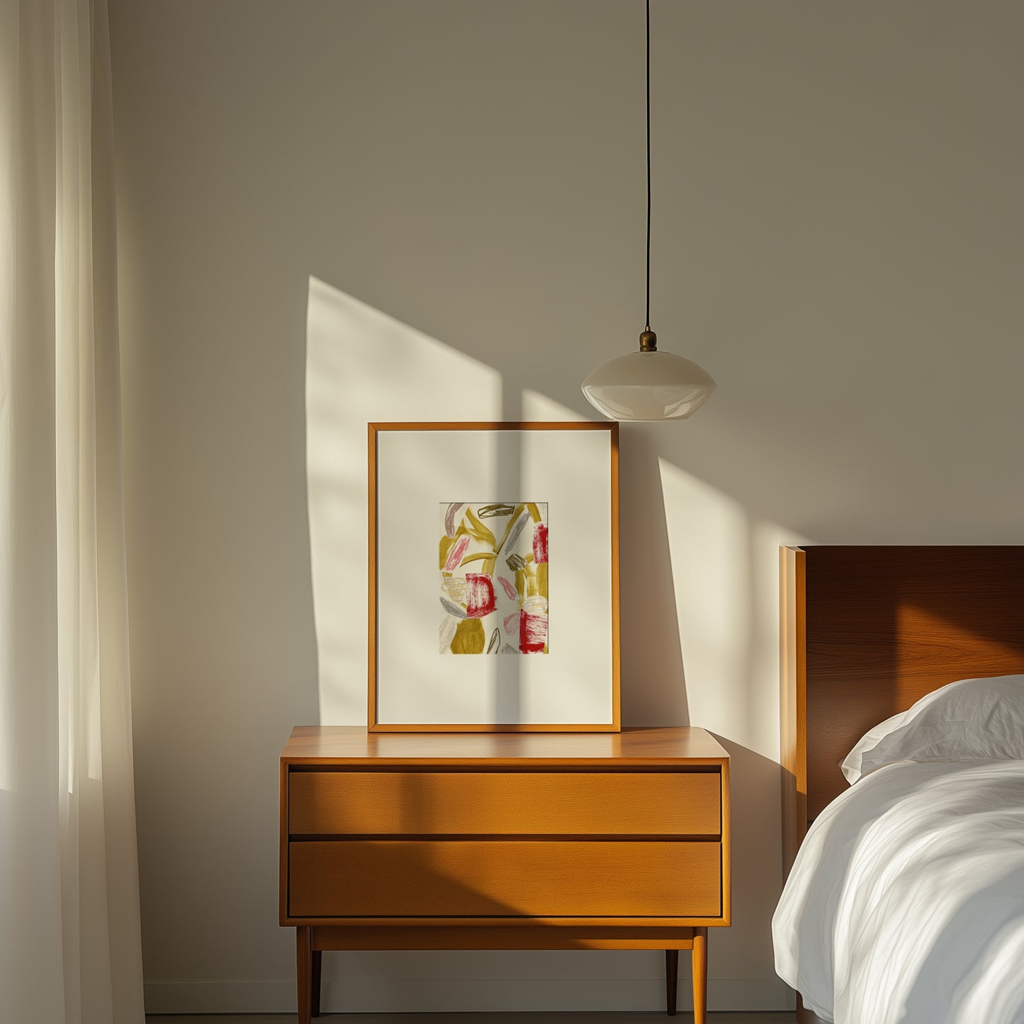 Framed artwork on wooden bedside table.