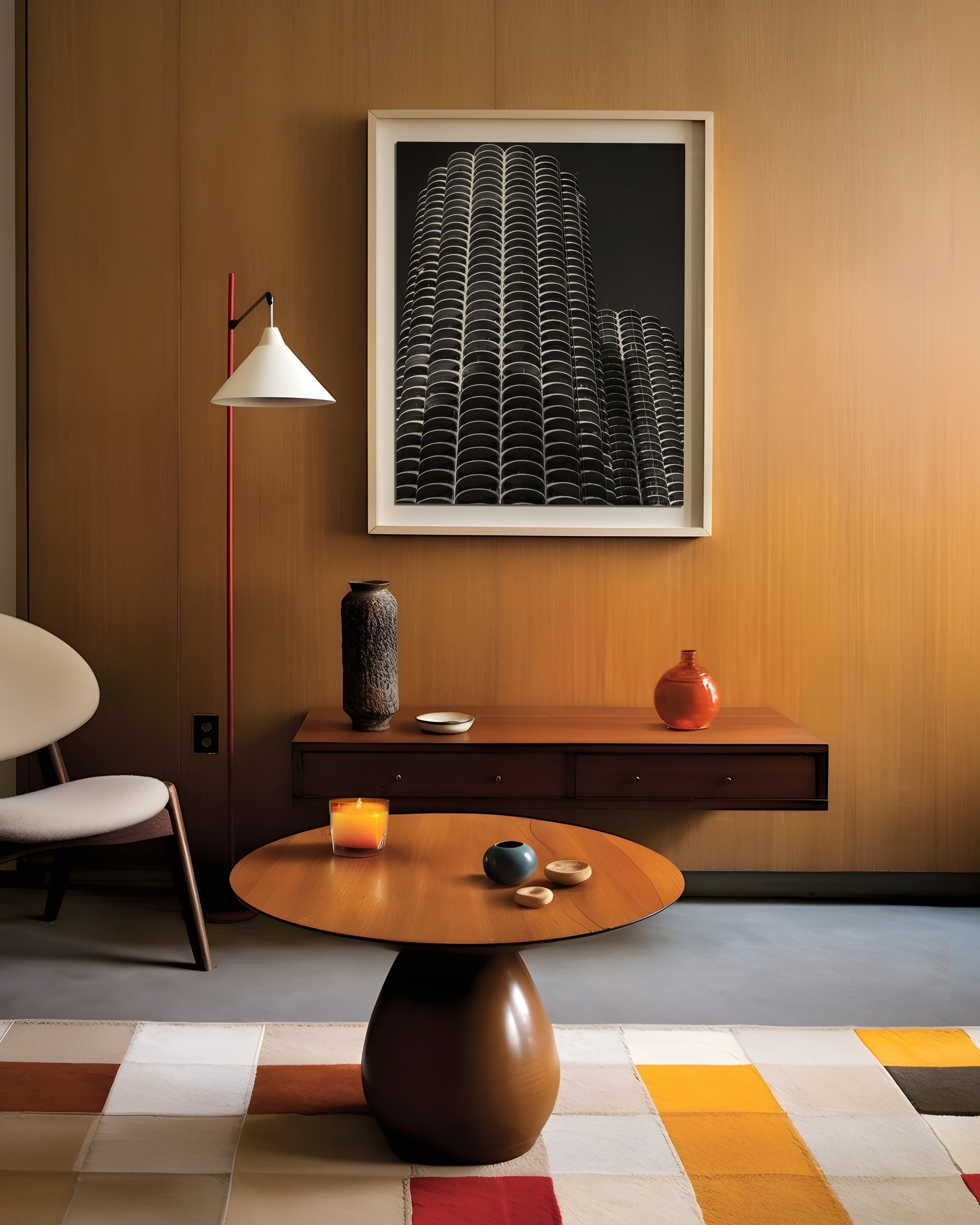 Modern living room with wooden table, chair, and black and white photograph on the wall.