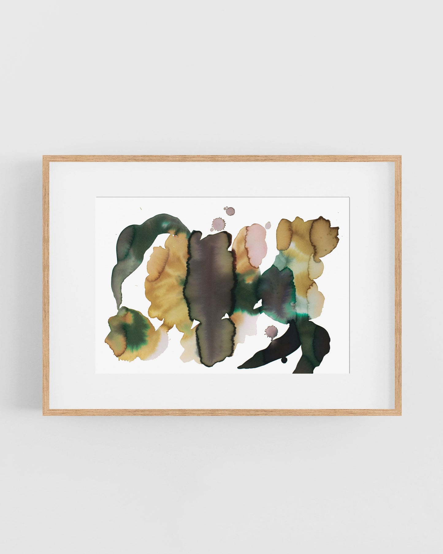 Framed abstract art print with watercolor flowers on a white background.