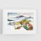 Abstract colorful painting of a landscape on a white wall.
