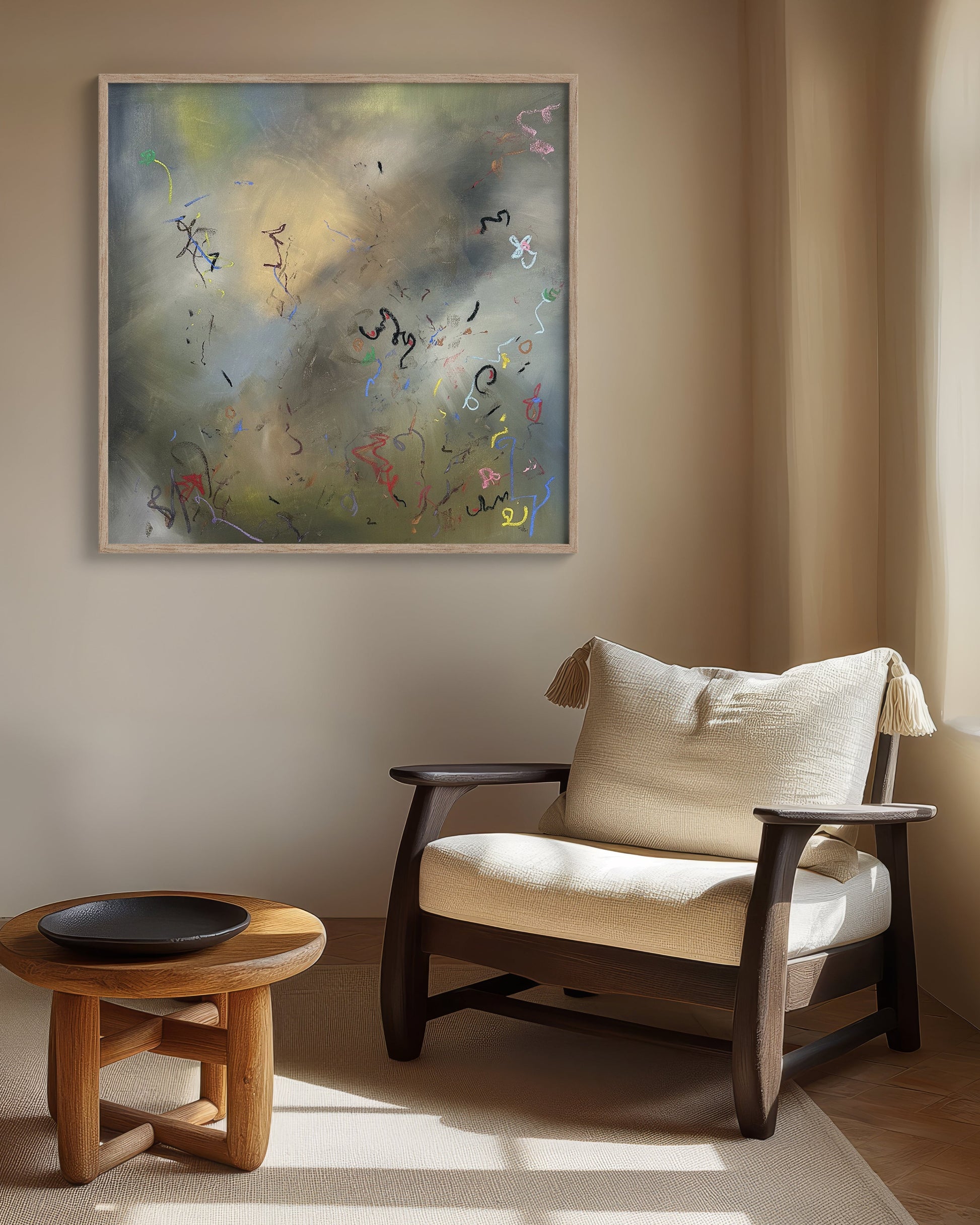 Wooden armchair in a room with abstract painting on wall