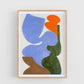 Framed abstract art print with blue, orange, and green shapes on a white background