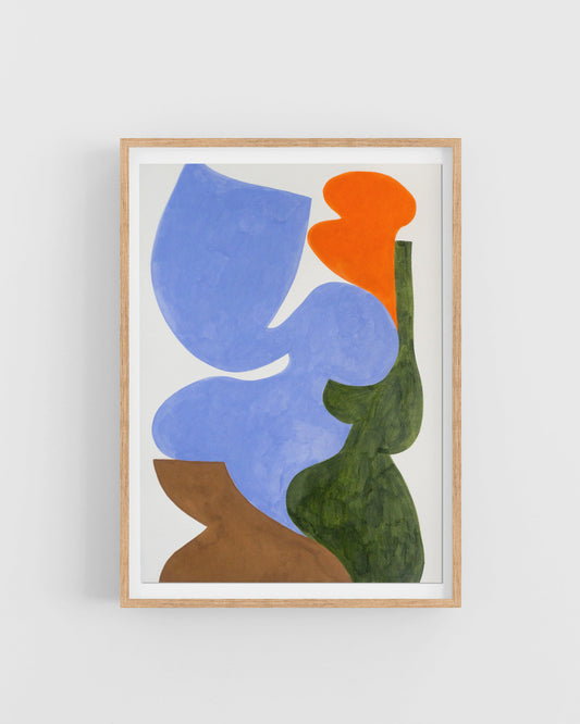 Framed abstract art print with blue, orange, and green shapes on a white background
