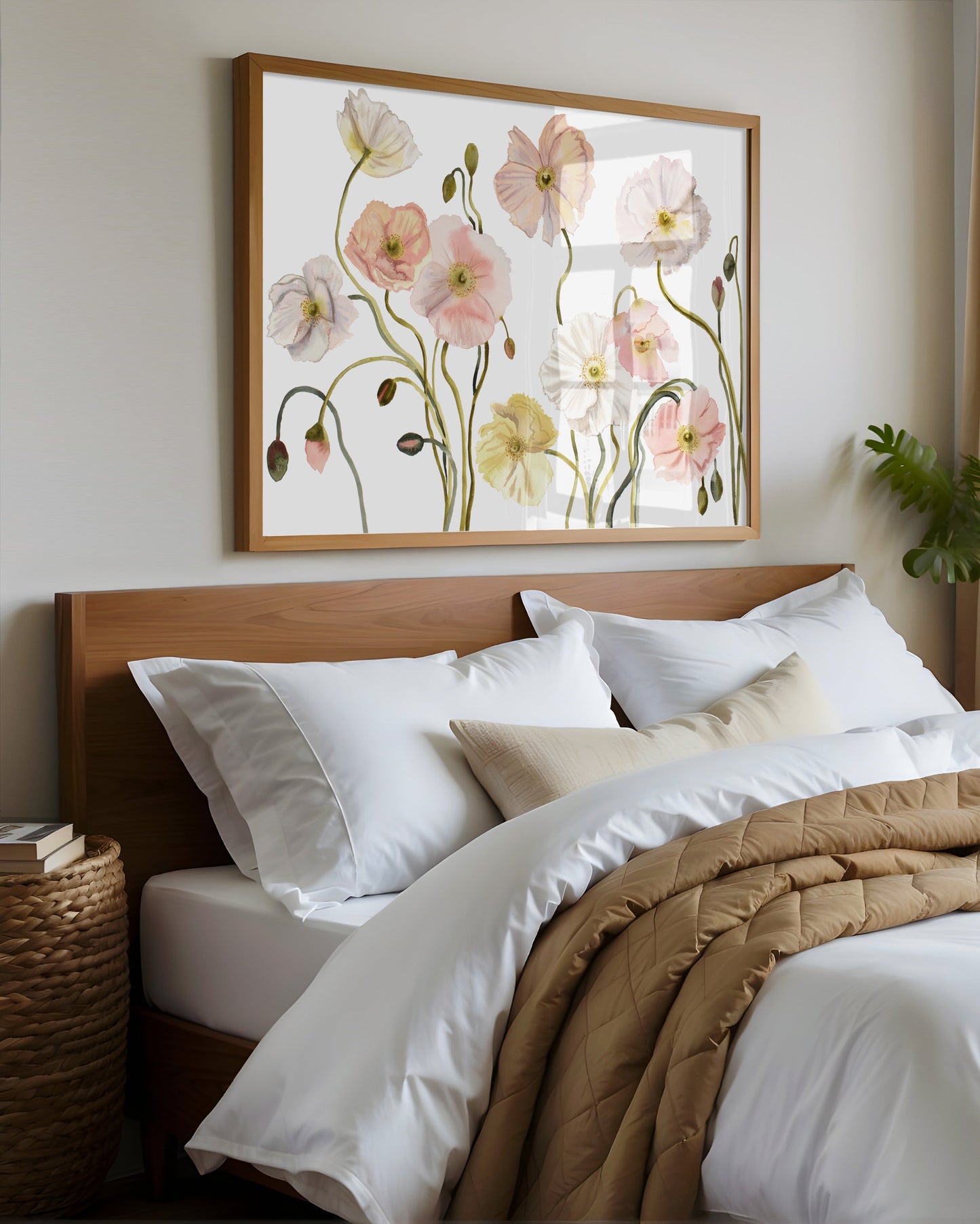 Bedroom with floral artwork above the bed