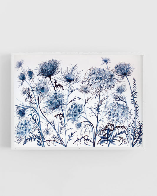 Framed watercolor painting with blue flowers